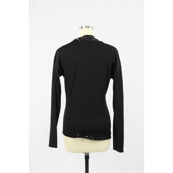 Vintage 90's CHRISTIAN DIOR Black Wool Knit Sequin Trim V-Neck Sweater, Size 6 - Picture 3 of 14